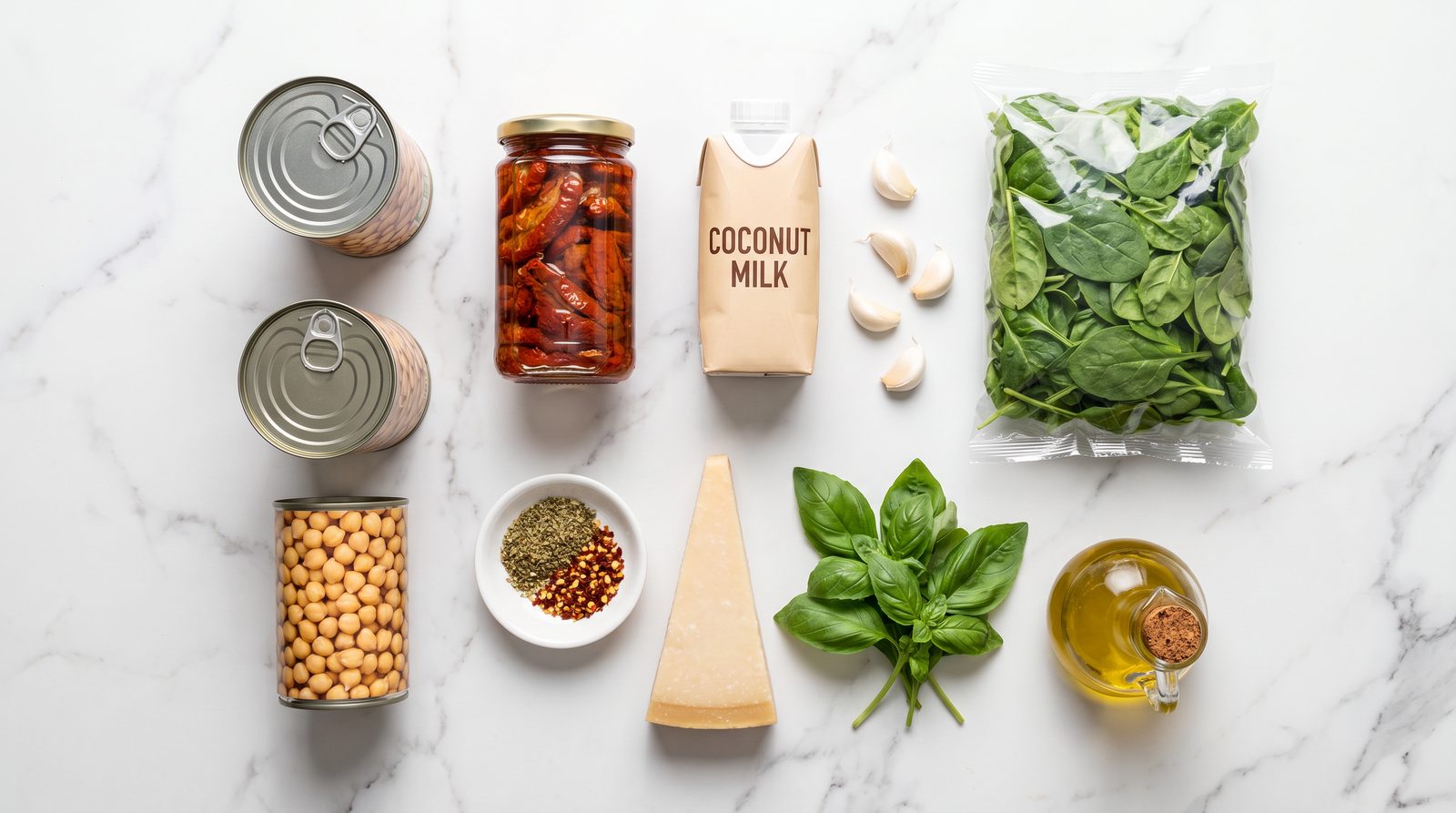 Ingredients for marry me chickpeas: canned chickpeas, sun-dried tomatoes, coconut milk, garlic, spinach, parmesan and basil