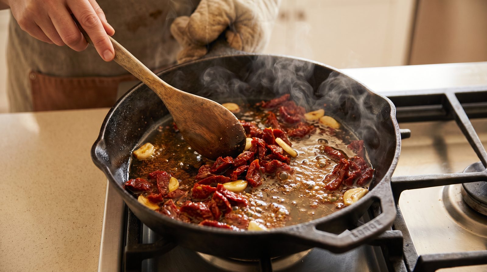 Chopped sun-dried tomatoes and garlic sizzling in red oil in a cast iron skillet