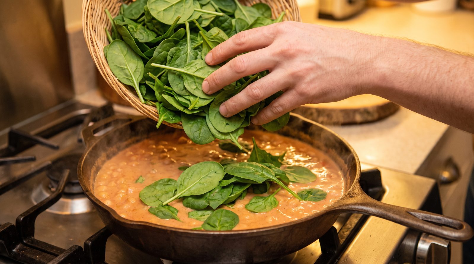 Fresh baby spinach being wilted into a skillet of creamy chickpeas