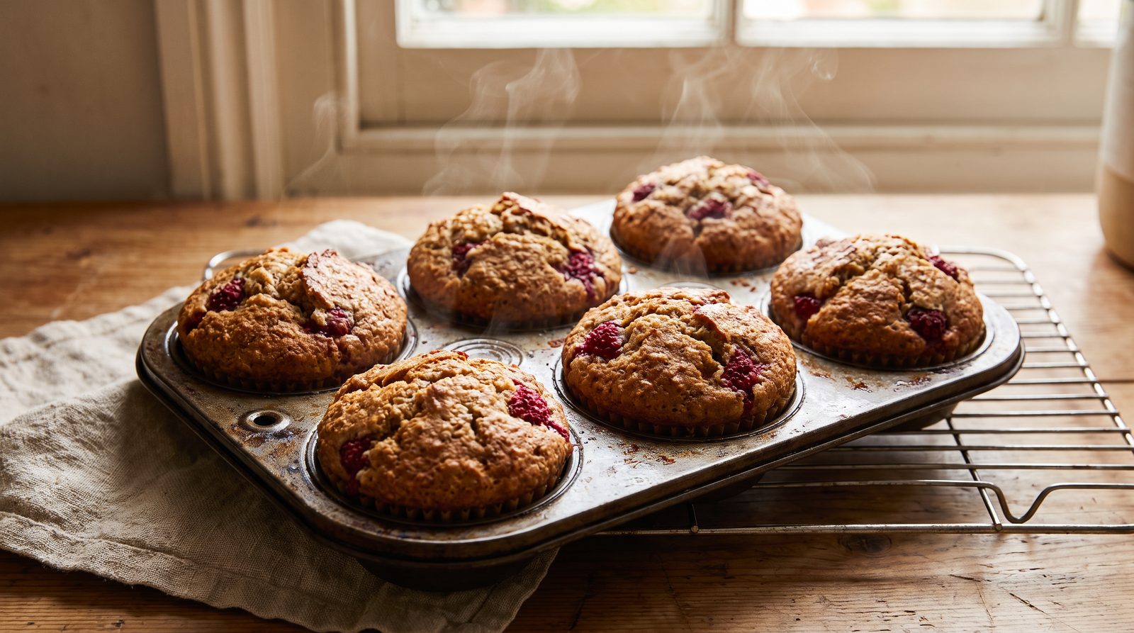 Freshly baked high fiber raspberry oat bran muffins cooling on a wire rack