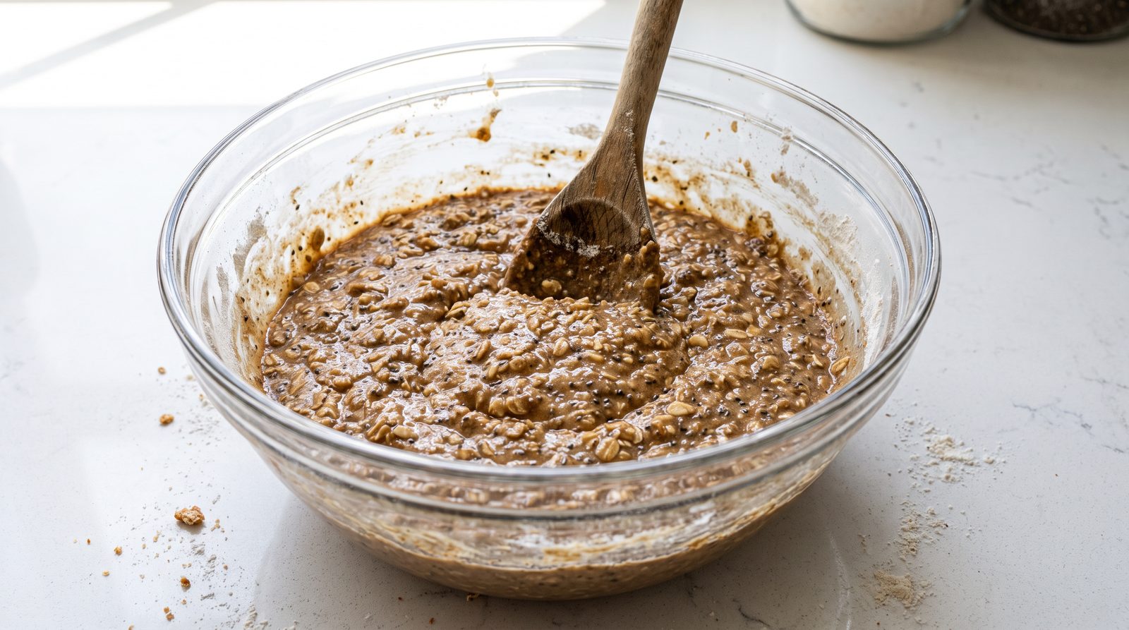 Thickened muffin batter resting in a mixing bowl with a wooden spoon