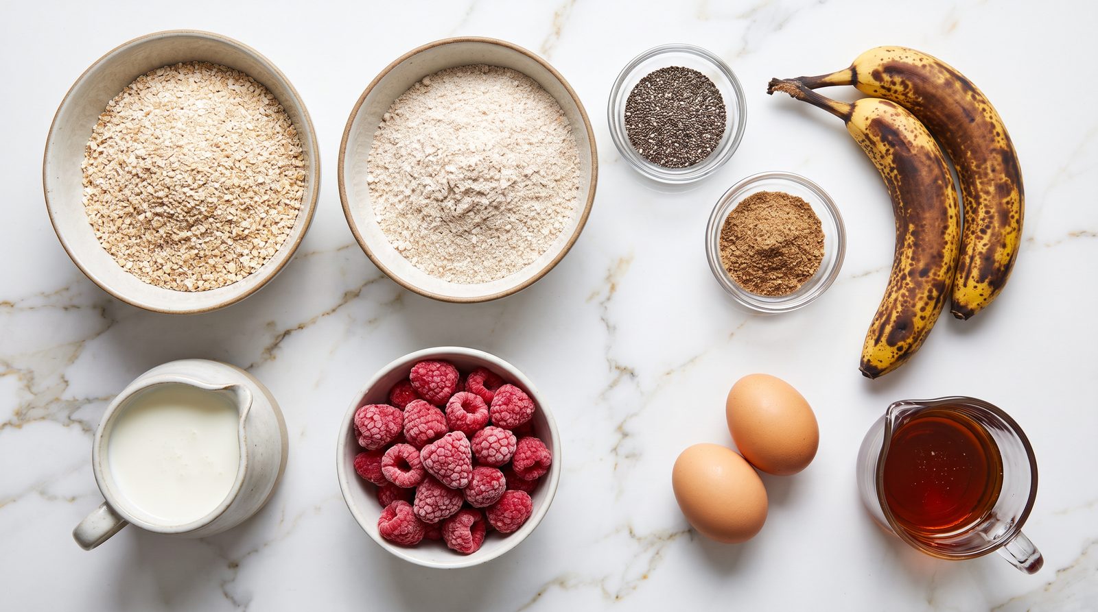 Ingredients for high fiber breakfast muffins: oat bran, whole wheat flour, ground flaxseed, chia seeds, ripe bananas and raspberries