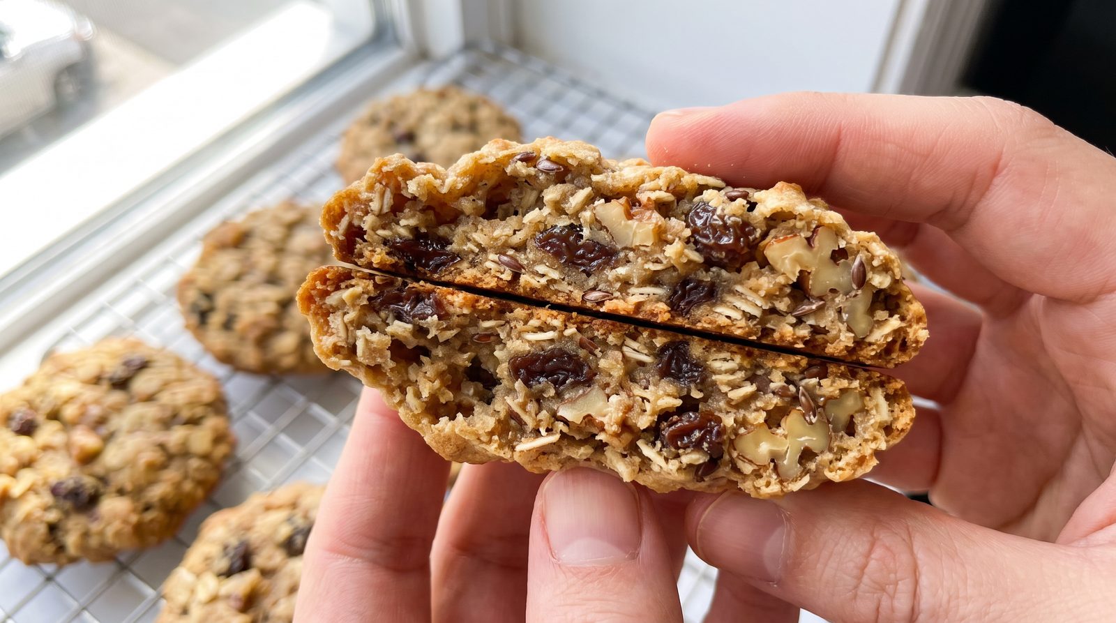 A high-fiber oatmeal cookie broken in half to show a chewy interior full of oats, raisins, walnuts and flax