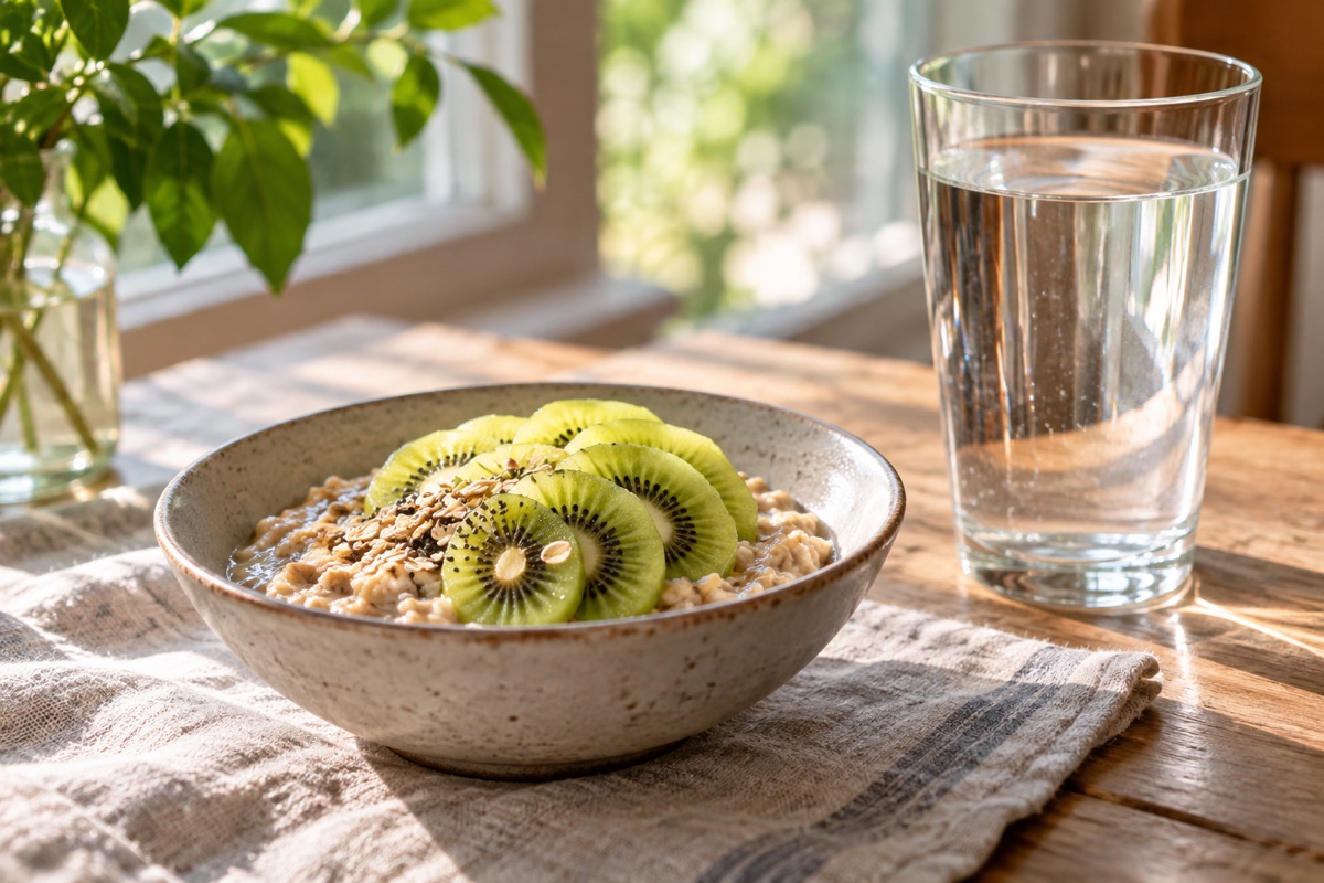 Oatmeal with kiwi and a glass of water