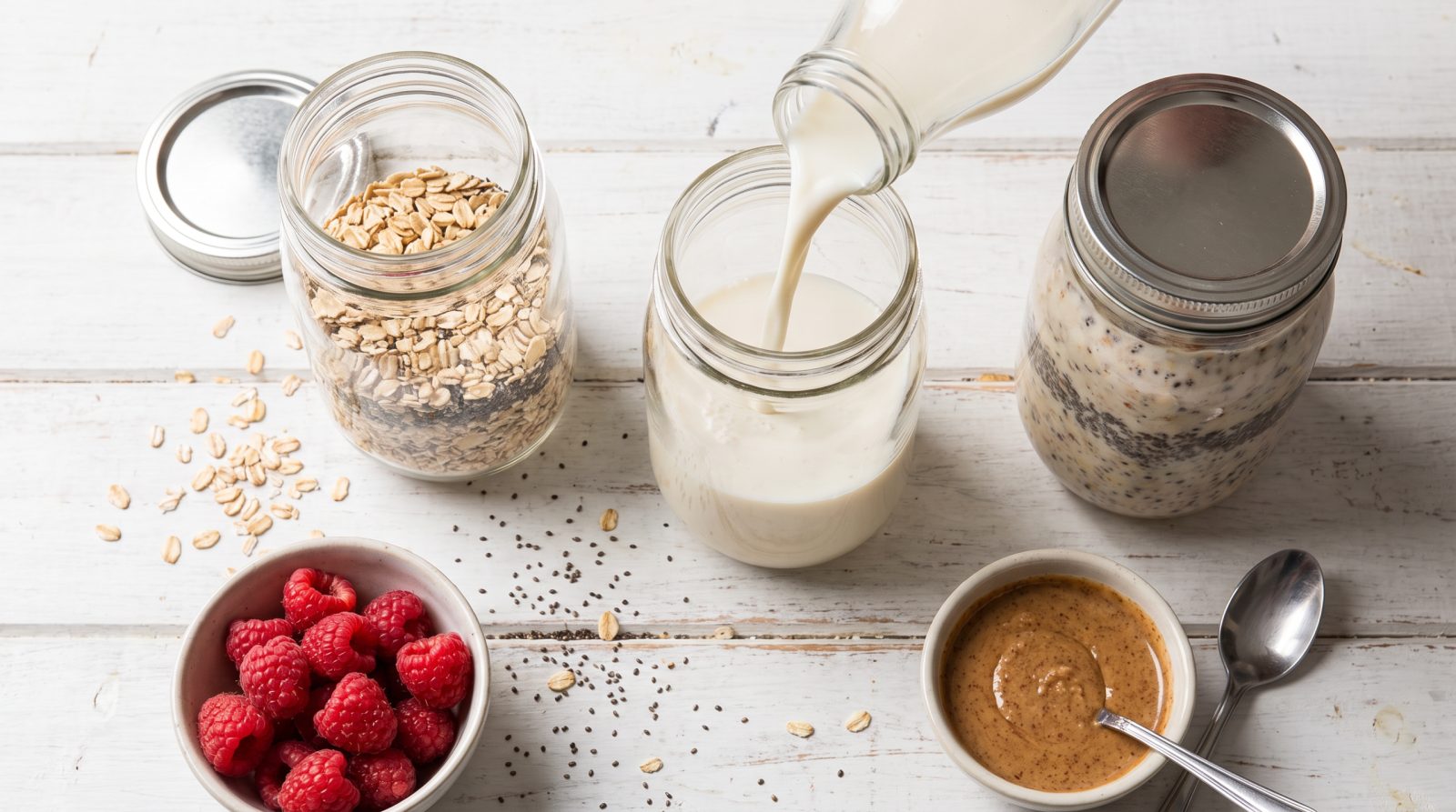 Overnight oats jars being filled with oats, chia, milk and raspberries