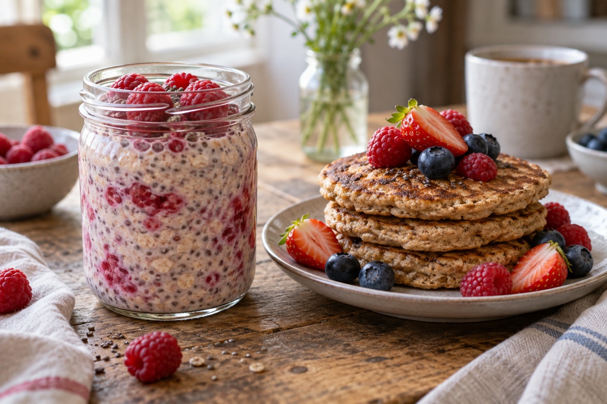 Overnight oats and whole-grain pancakes with berries