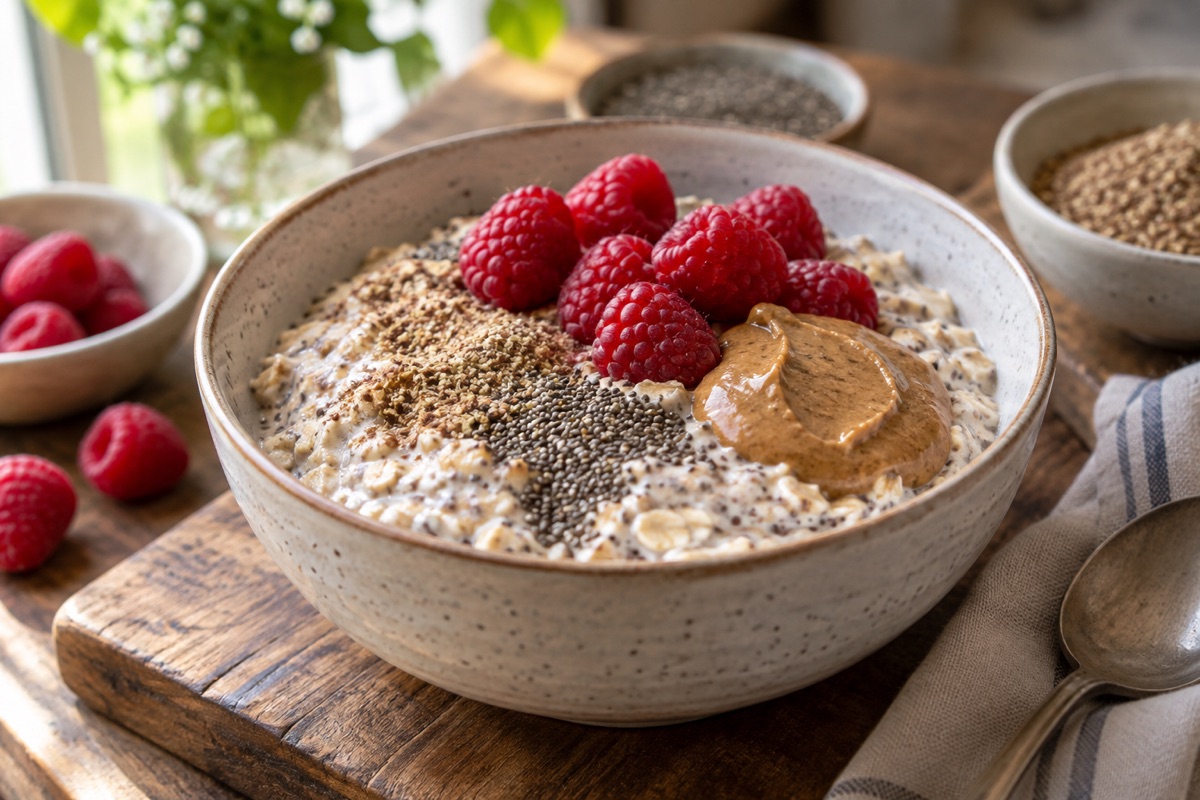 Overnight oats with chia, flax, raspberries and almond butter