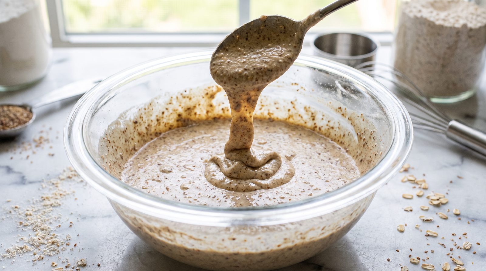 Thick speckled wholegrain pancake batter with visible oat flour and flaxseed falling from a spoon
