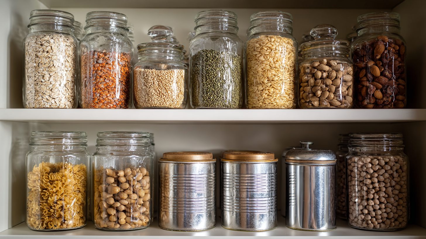 Kitchen pantry shelves packed with high fiber staples in clear glass jars — rolled oats, red lentils, green lentils, barley, almonds and chickpeas — beside a row of plain tins