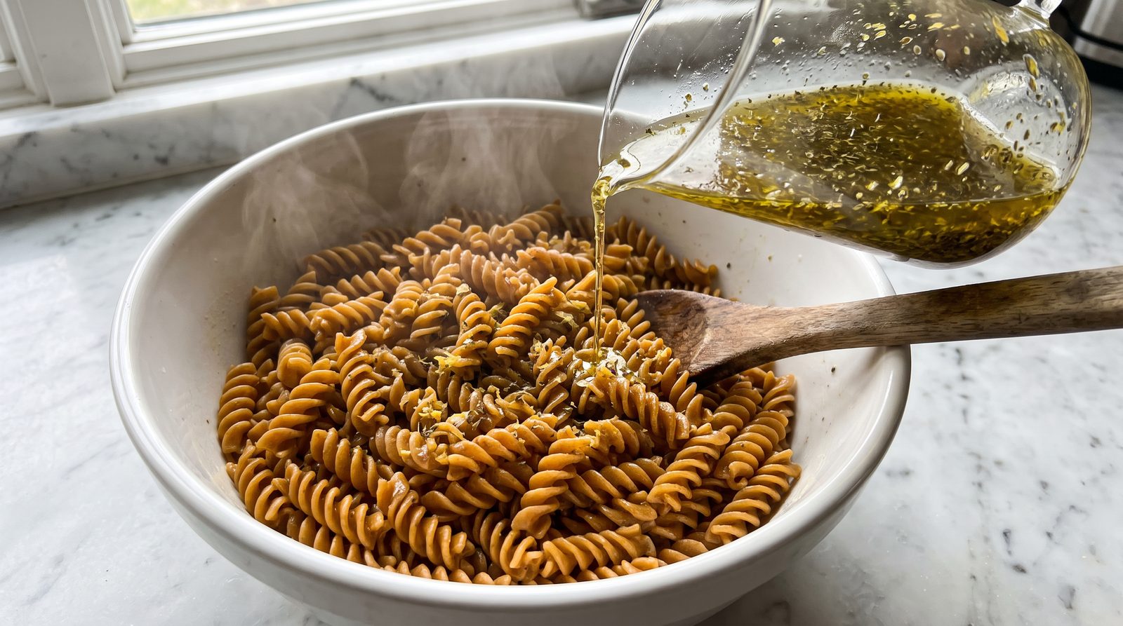 Lemon and oregano dressing being poured from a small jug over a bowl of freshly drained hot whole wheat fusilli with steam rising