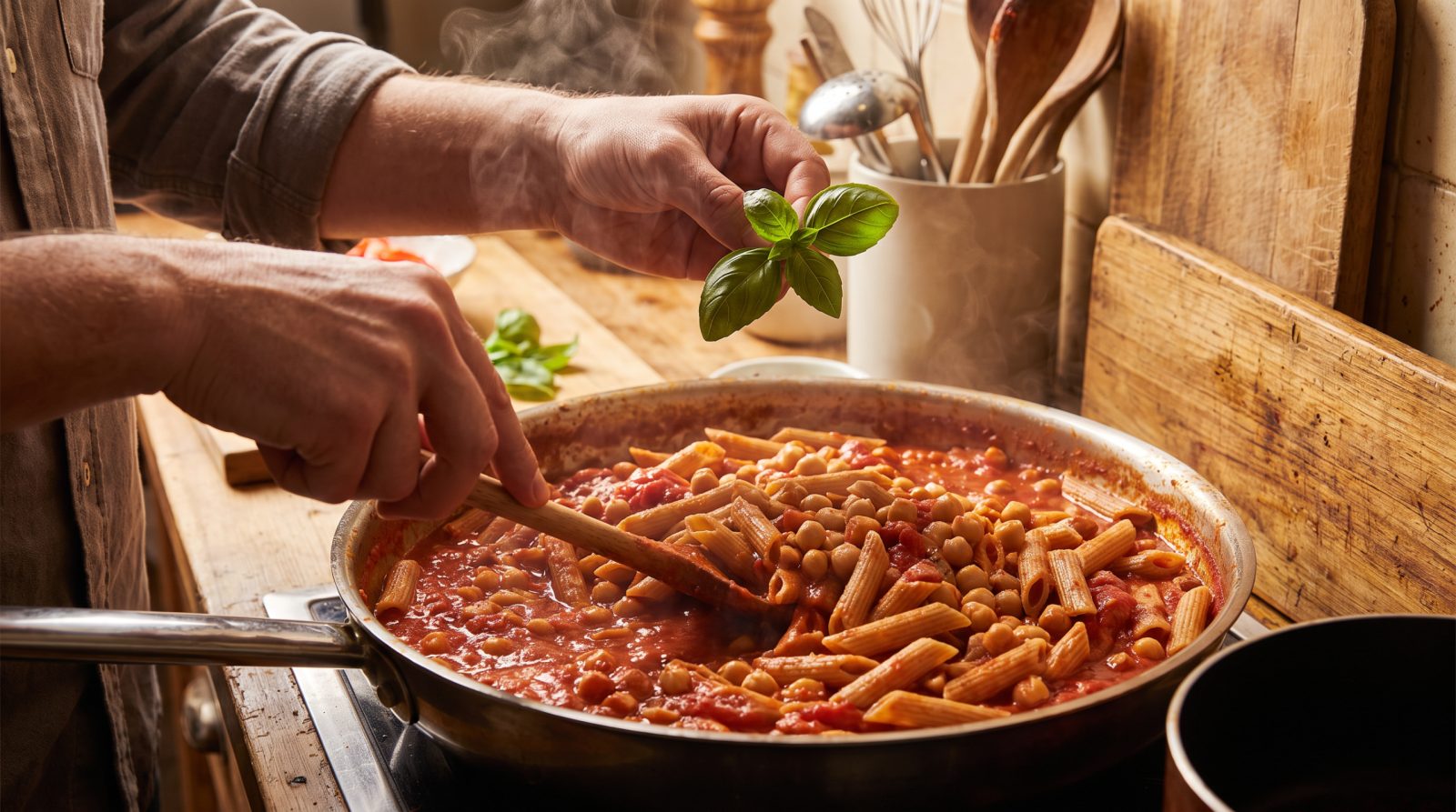 Chickpeas and pasta simmering in rich tomato sauce