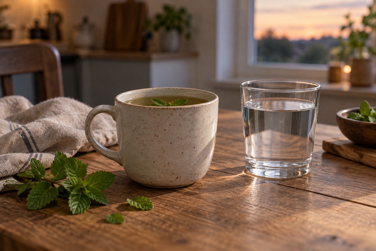 Peppermint tea and a glass of water on a table