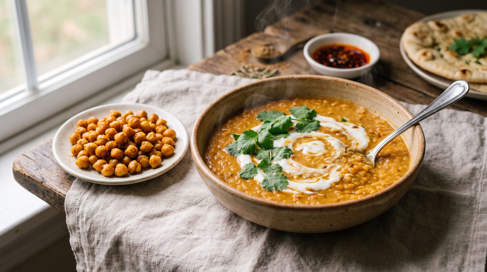 A bowl of red lentil dal topped with fresh coriander beside a plate of roasted chickpeas