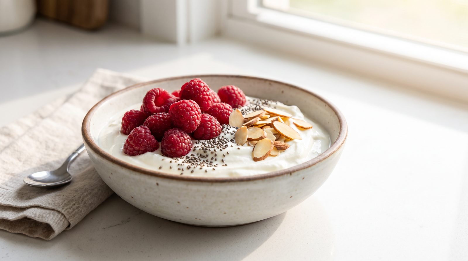 A bowl of Greek yogurt topped with raspberries, chia seeds and almonds
