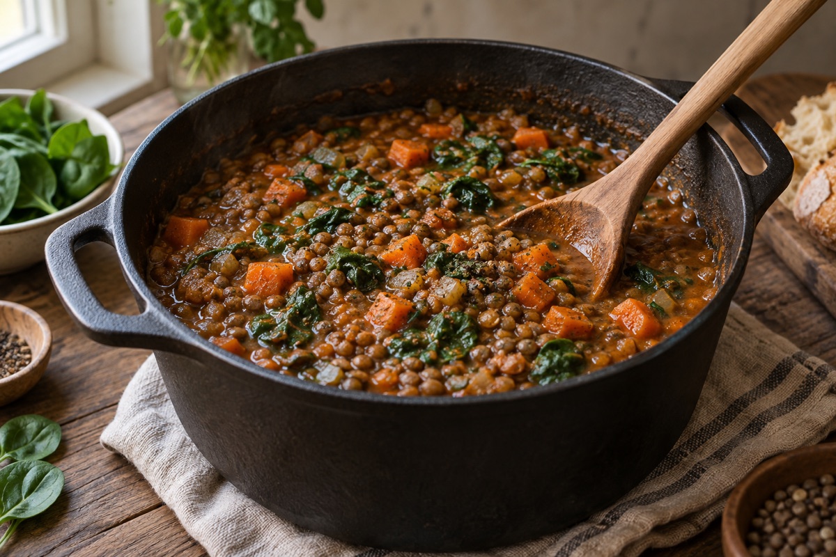 Pot of lentil stew with carrots and spinach