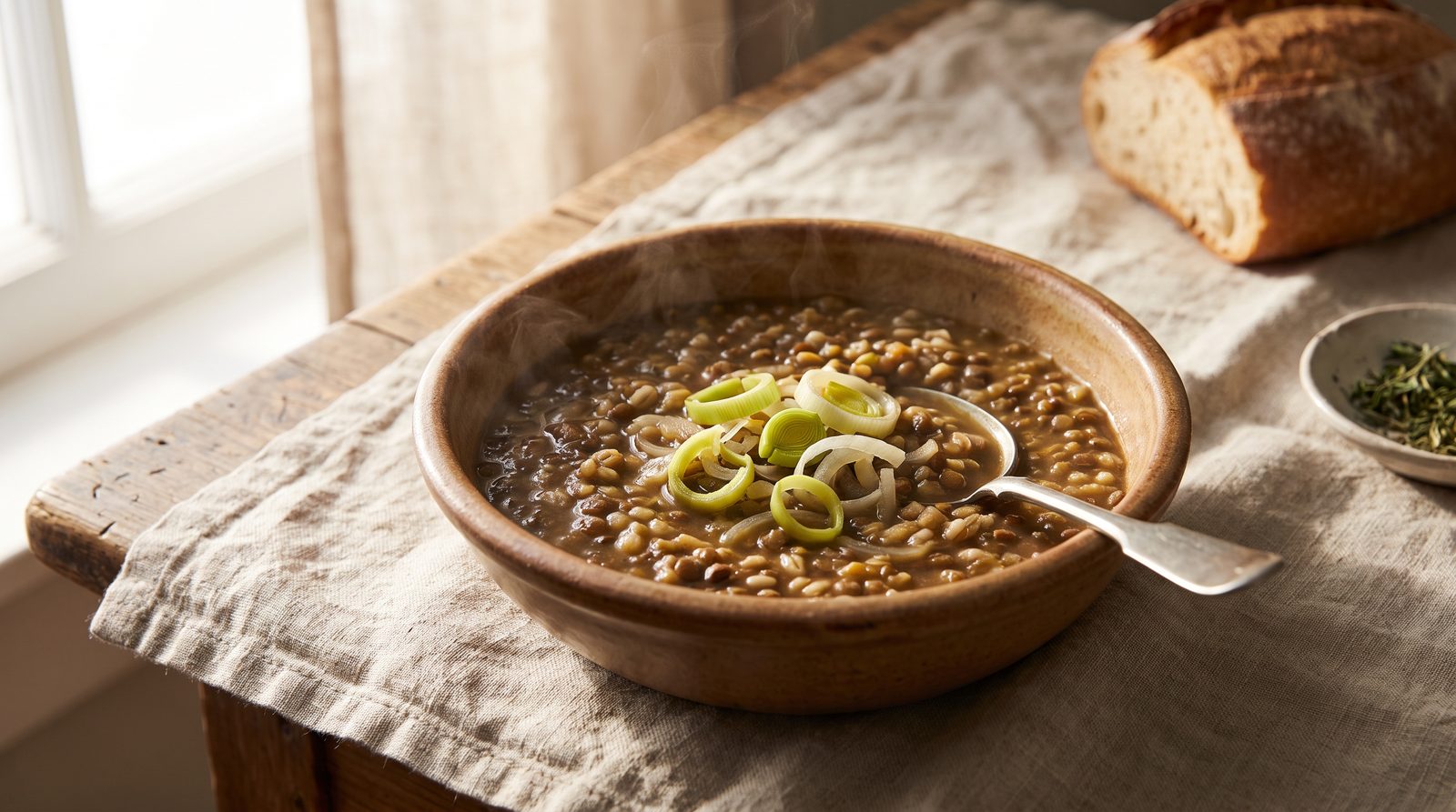 A bowl of lentil and barley soup with leeks and onion, a prebiotic-rich meal