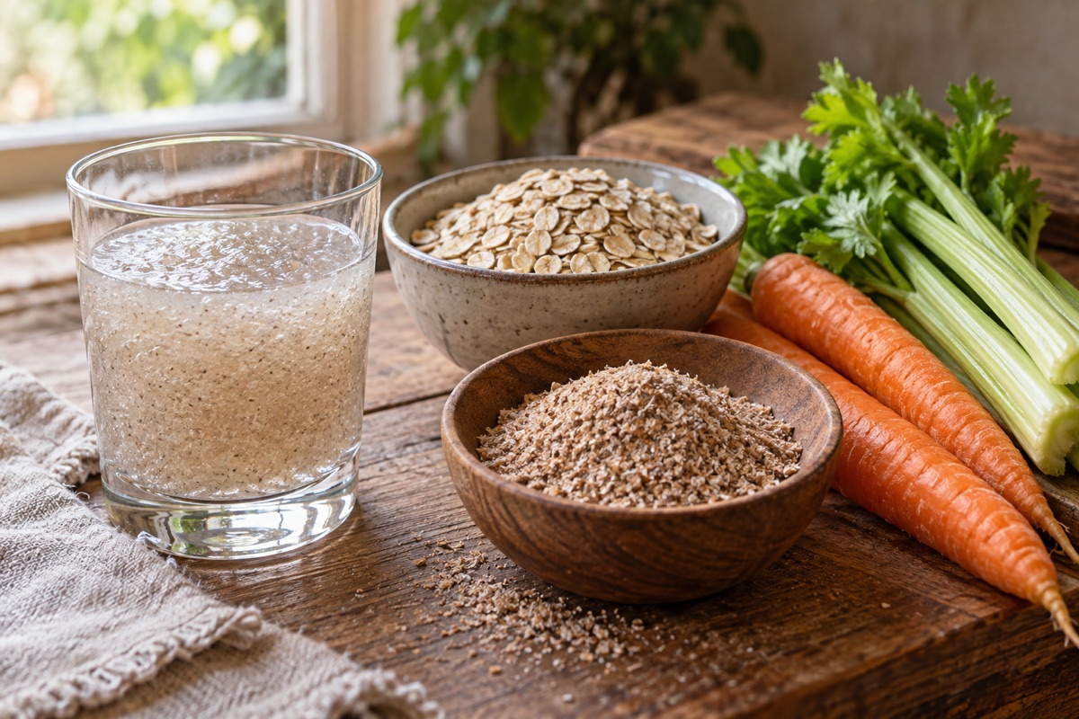 Psyllium gel, oats, wheat bran and raw vegetables