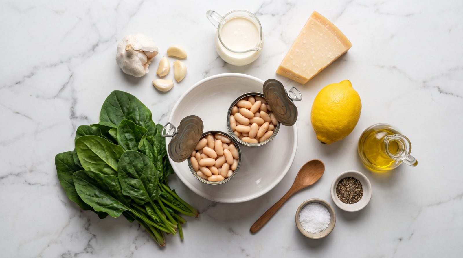 Ingredients for creamy white bean and spinach skillet laid out on marble: canned cannellini beans, fresh spinach, garlic, cream, parmesan, lemon and olive oil