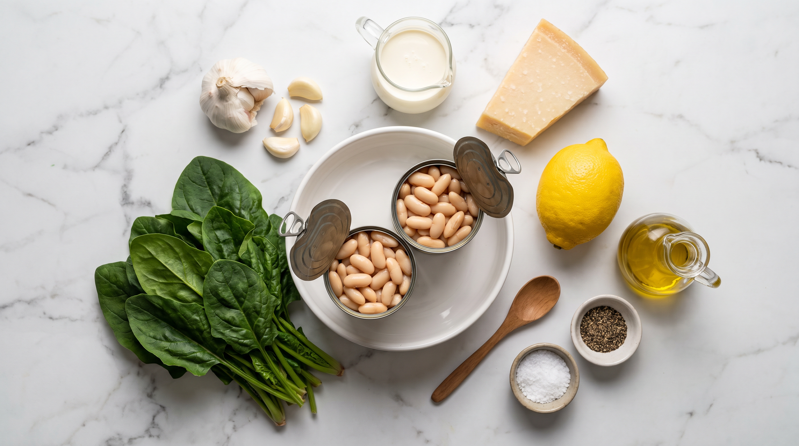 Ingredients for creamy white bean and spinach skillet laid out on marble: canned cannellini beans, fresh spinach, garlic, cream, parmesan, lemon and olive oil