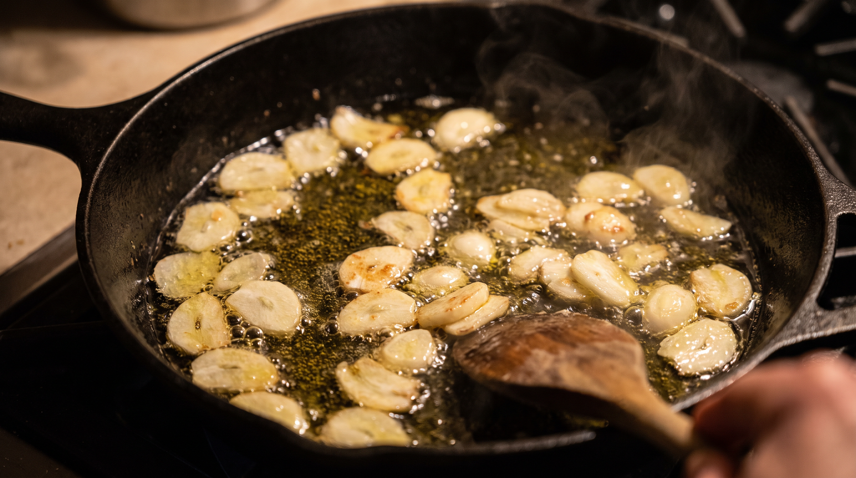 Thinly sliced garlic sizzling in olive oil in a cast iron skillet, turning pale gold