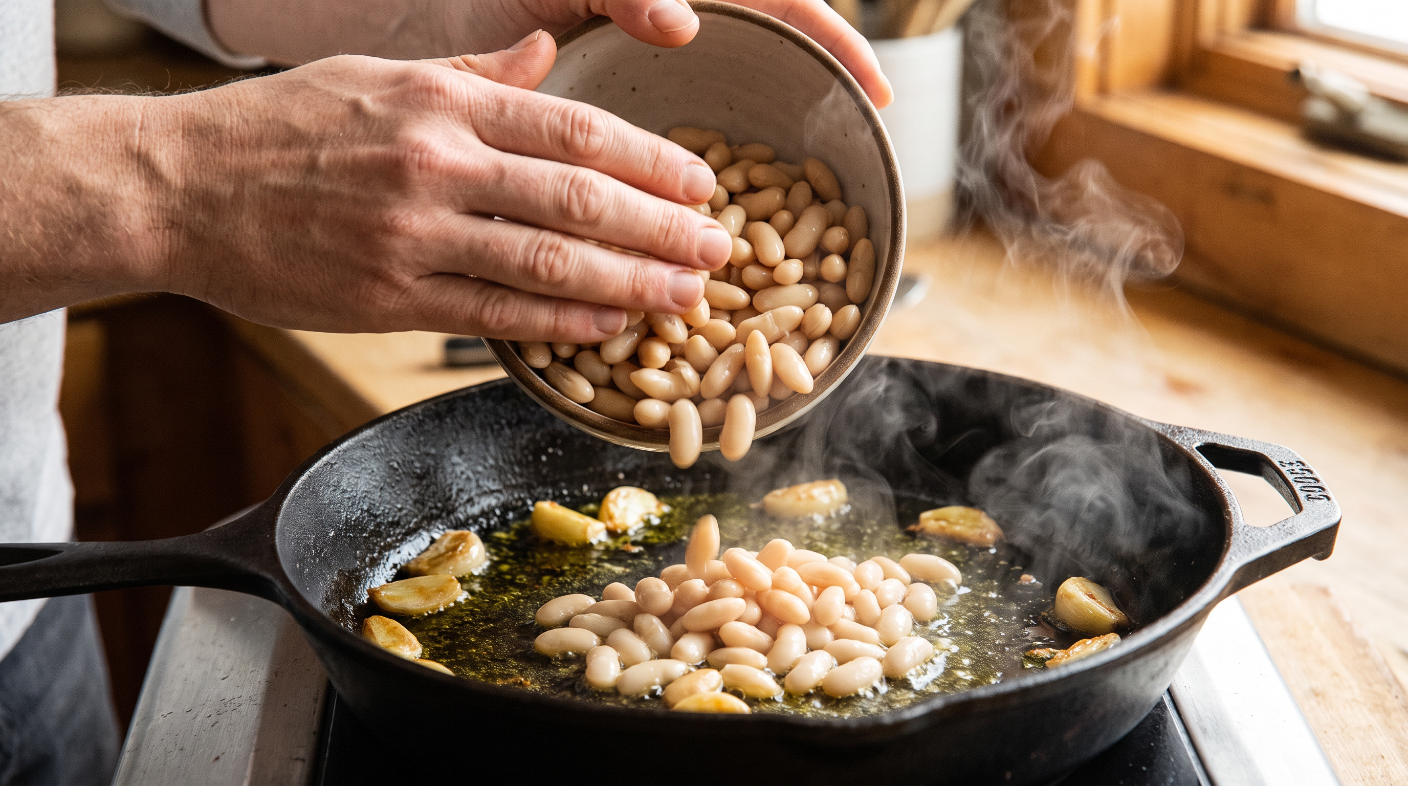 White cannellini beans being poured into a cast iron skillet with golden garlic