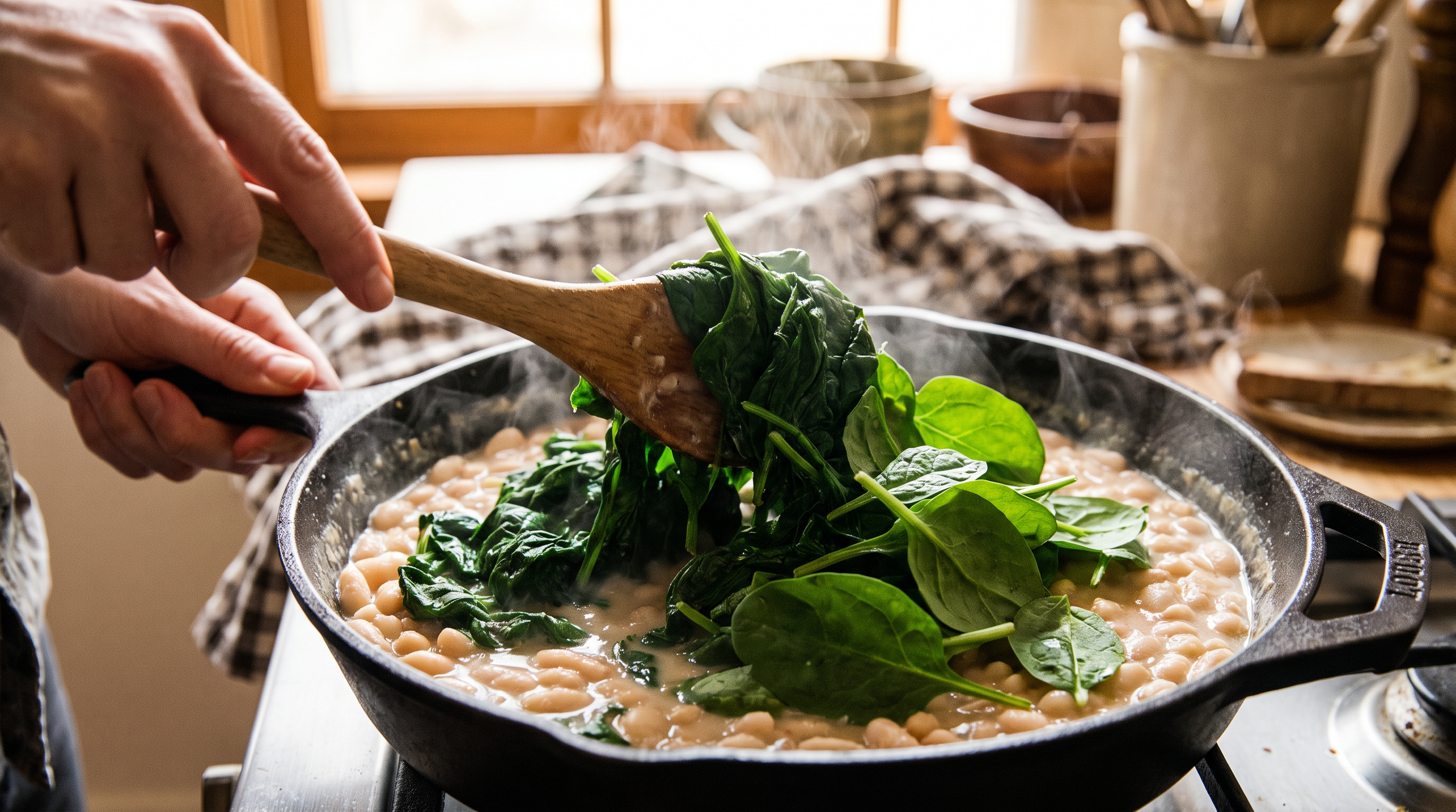 Fresh spinach wilting into a skillet of creamy white beans
