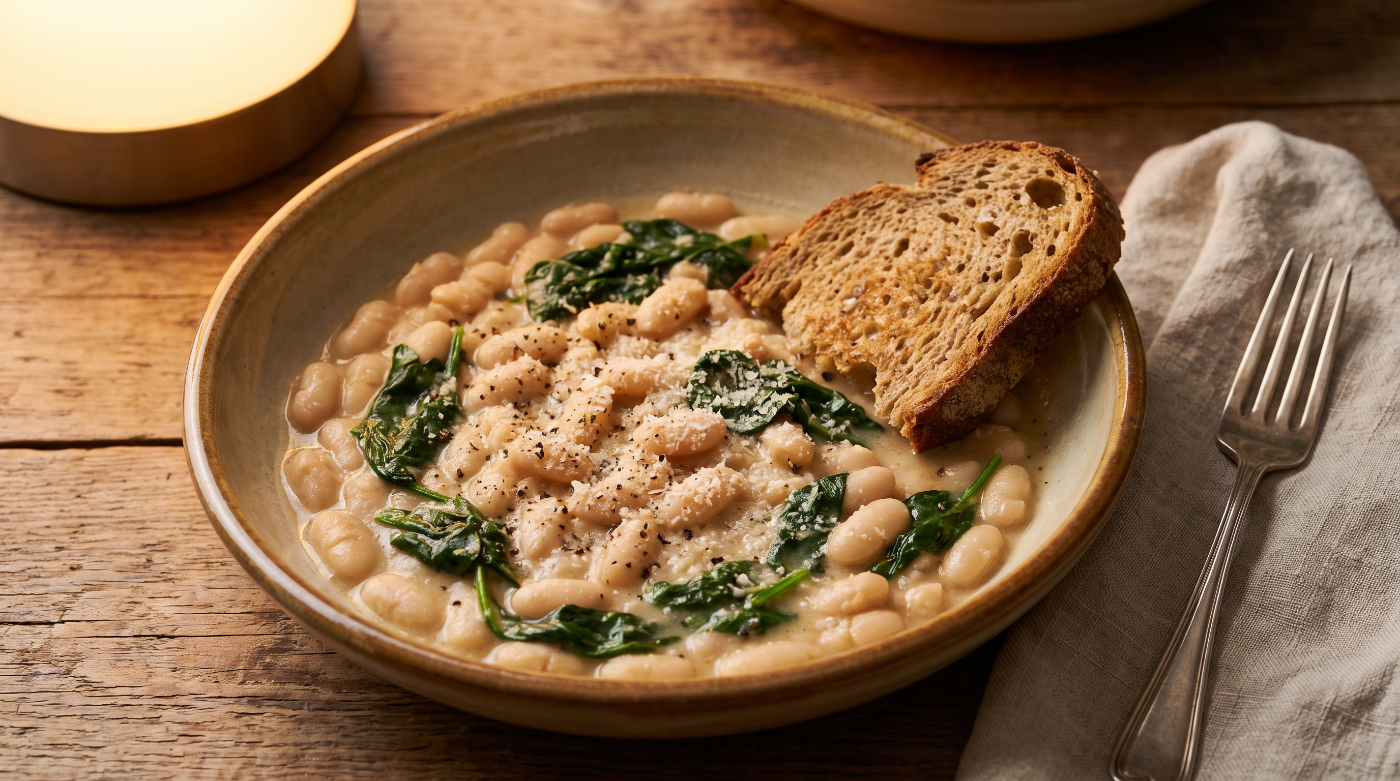 Creamy white beans and spinach served in a shallow bowl with toasted whole grain bread