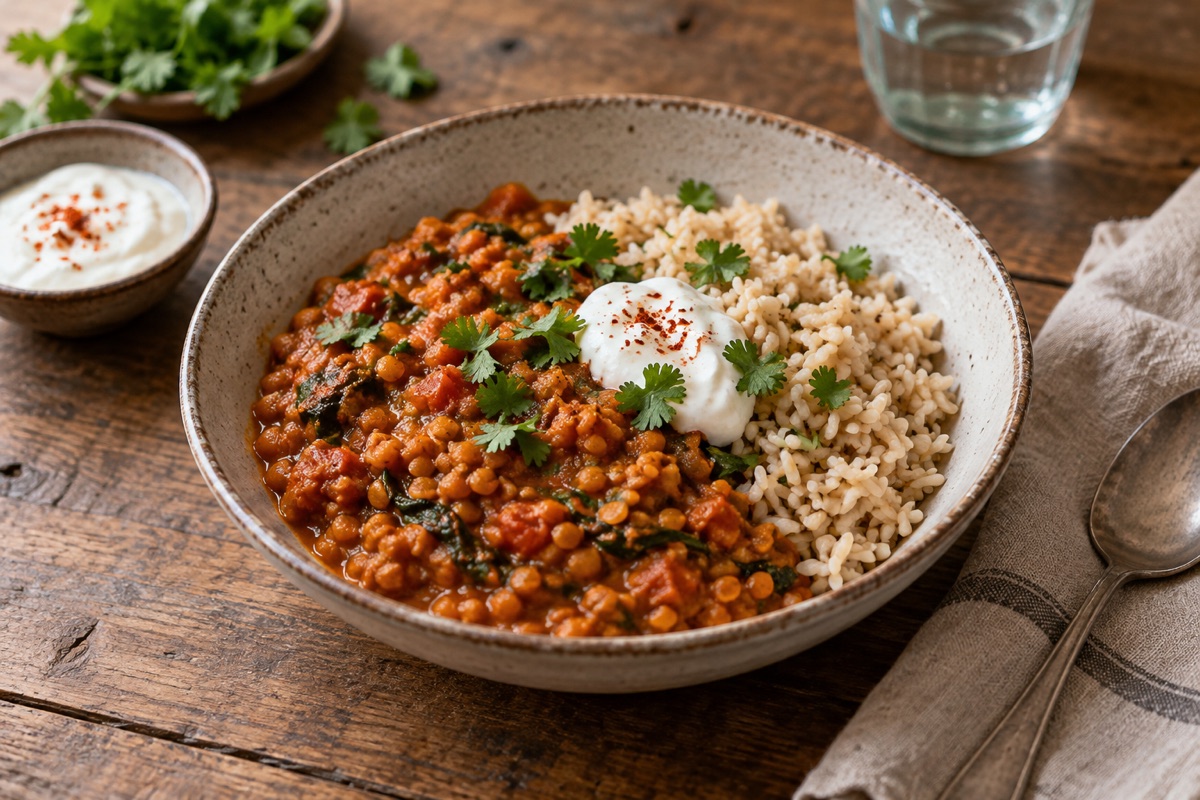 Red lentil curry with brown rice