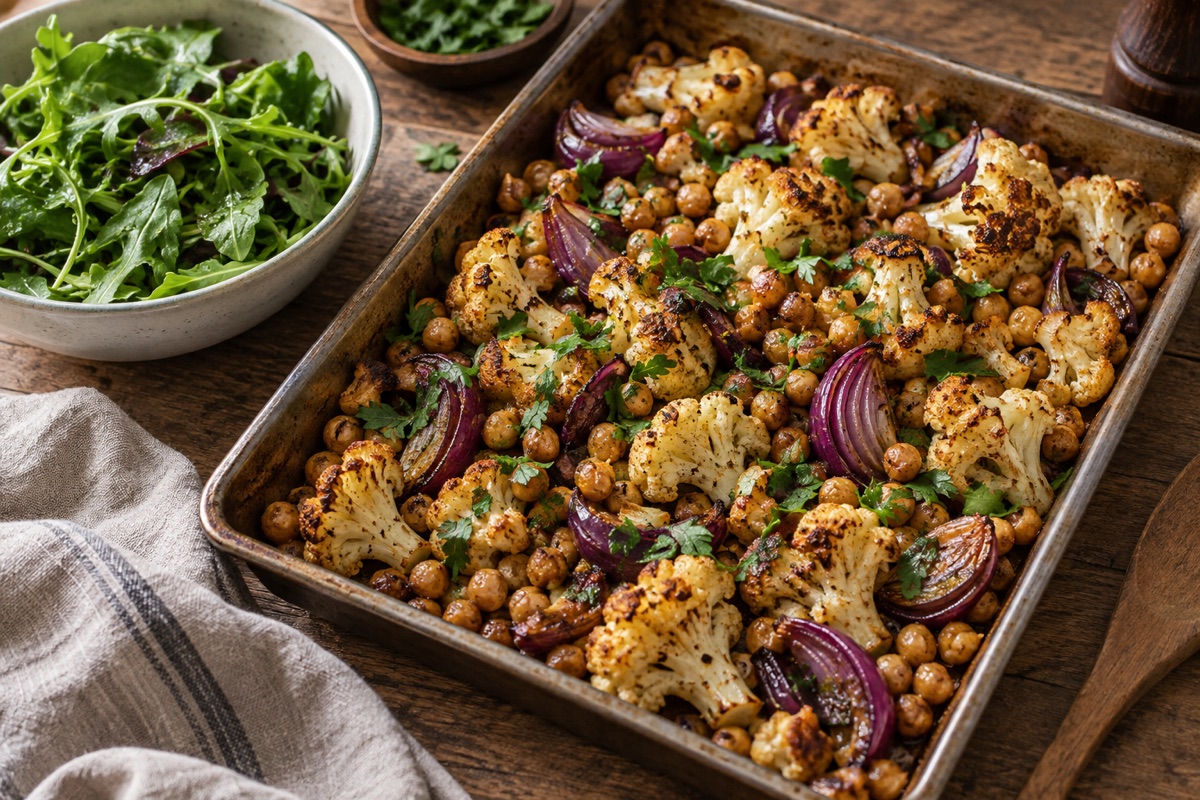 Roasted cauliflower and chickpeas on a tray