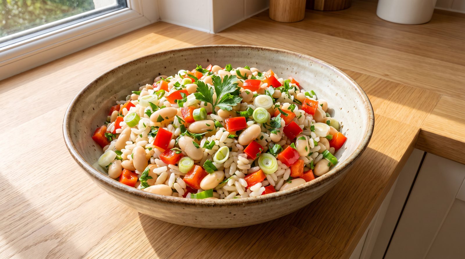 A bowl of cold rice salad with beans and vegetables, a practical source of resistant starch