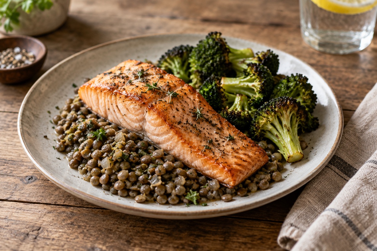 Salmon on green lentils with broccoli
