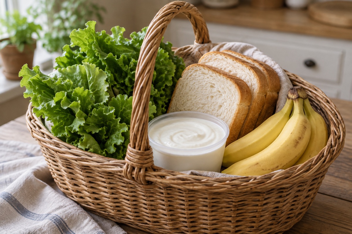 Shopping basket with greens, white bread, yogurt and bananas
