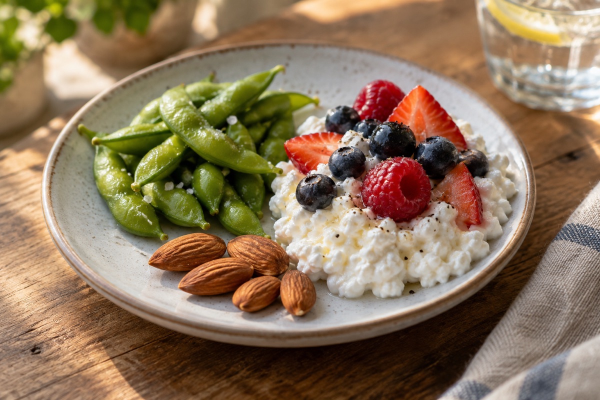 Small plate of edamame, cottage cheese with berries and almonds