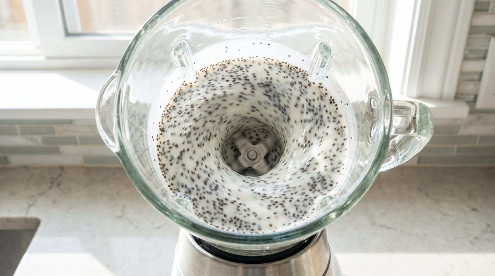 Chia seeds and milk being blended together in a blender jar before the fruit is added