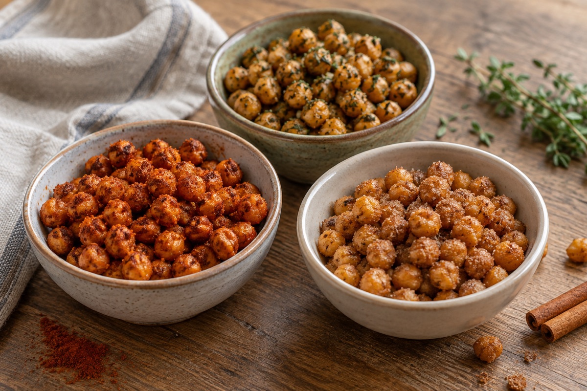Three bowls of roasted chickpeas in different seasonings