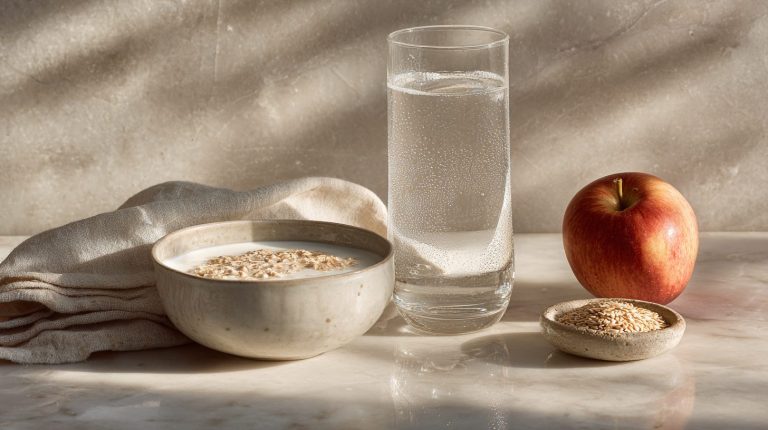 A modest bowl of bran cereal, a glass of water and an apple — moderation when adding fiber
