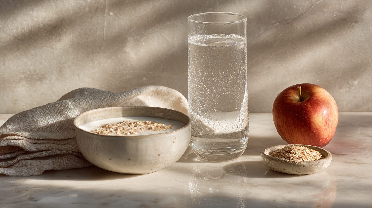 A modest bowl of bran cereal, a glass of water and an apple — moderation when adding fiber