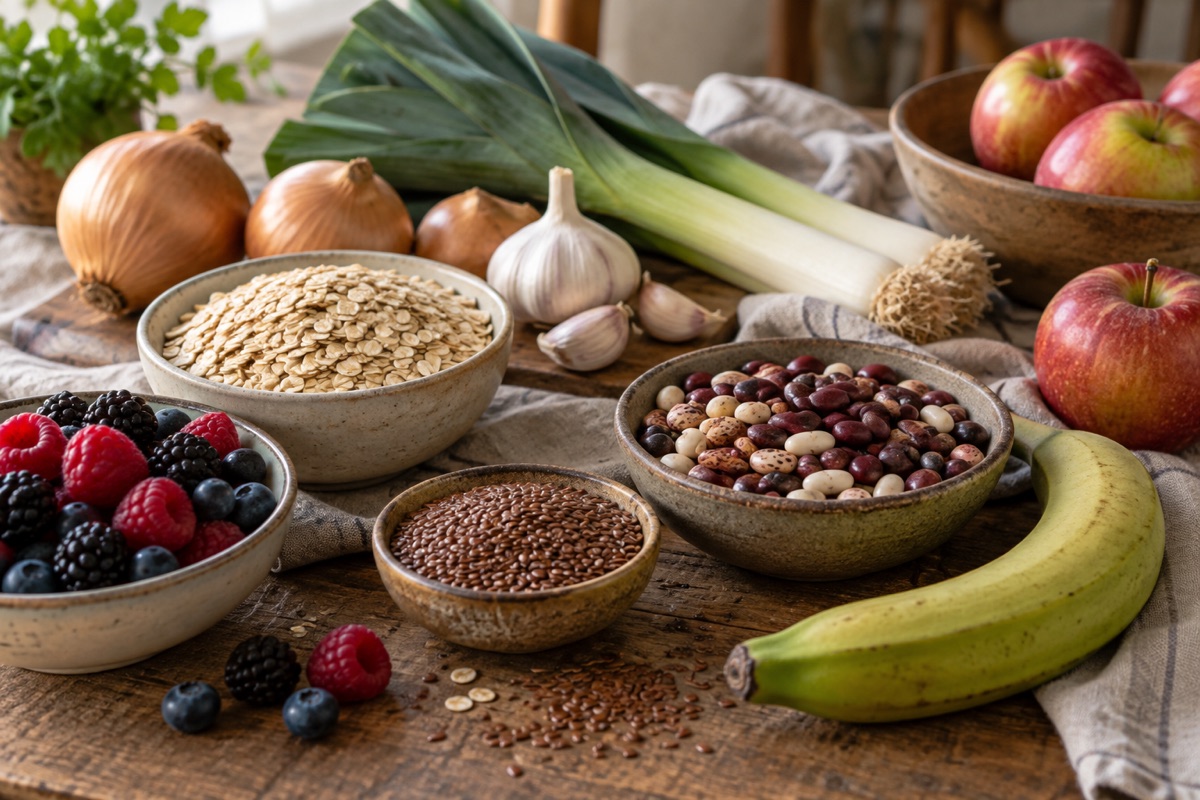 Varied plant foods: oats, green banana, onions, beans, berries, flax