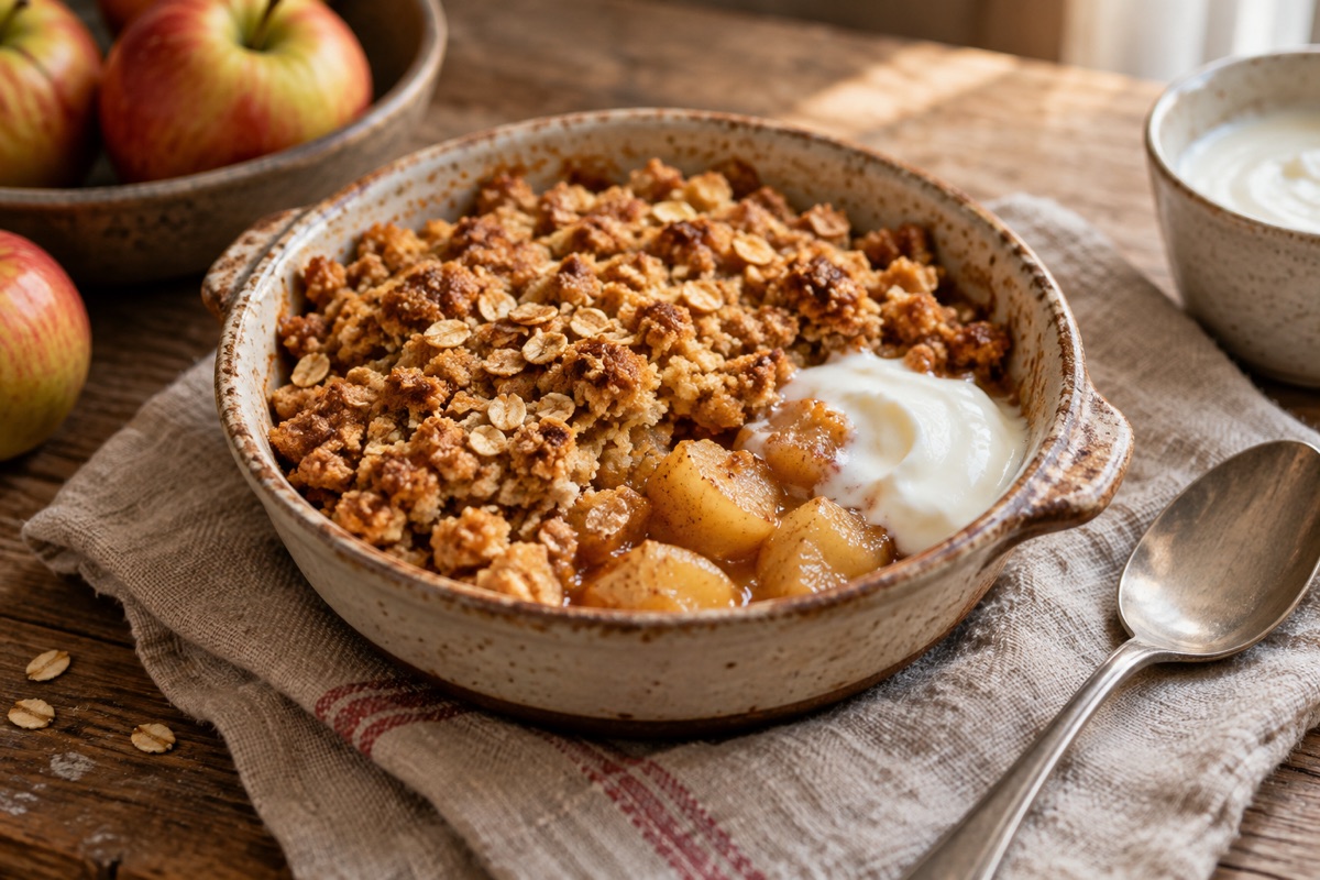 Warm apple oat crumble with yogurt