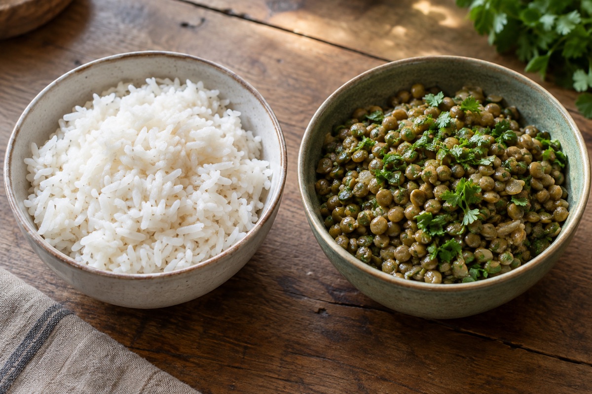 White rice beside a bowl of cooked green lentils