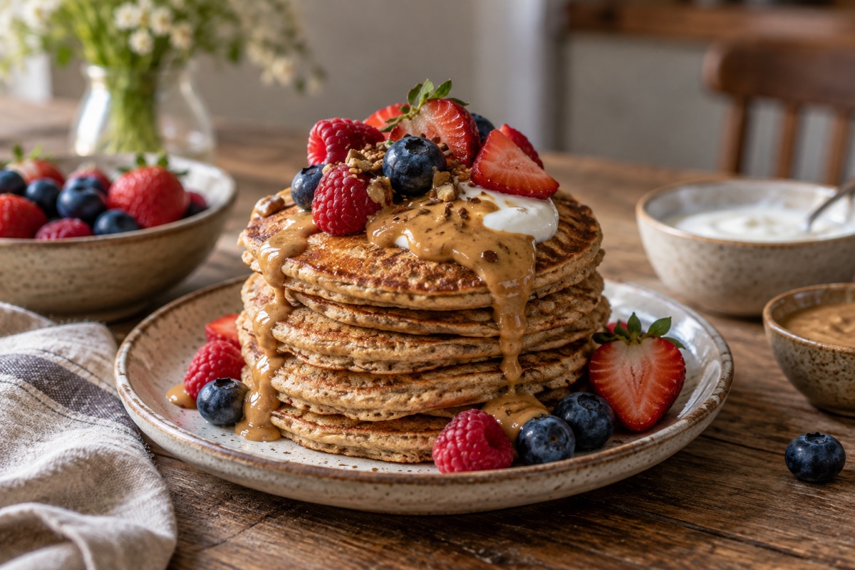 Whole-grain pancakes with berries, yogurt and nut butter