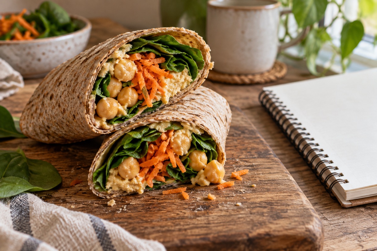 Whole-wheat hummus and chickpea wrap on a desk