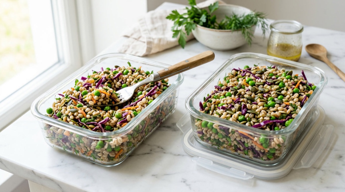 Barley, pea and red cabbage salad packed in two glass containers