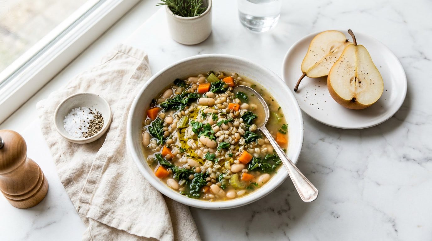 Bowl of barley, white bean and kale soup with a halved pear on the side