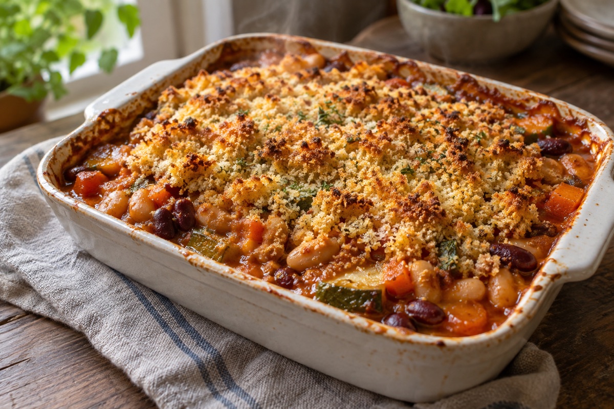 Bean and vegetable casserole with breadcrumb top