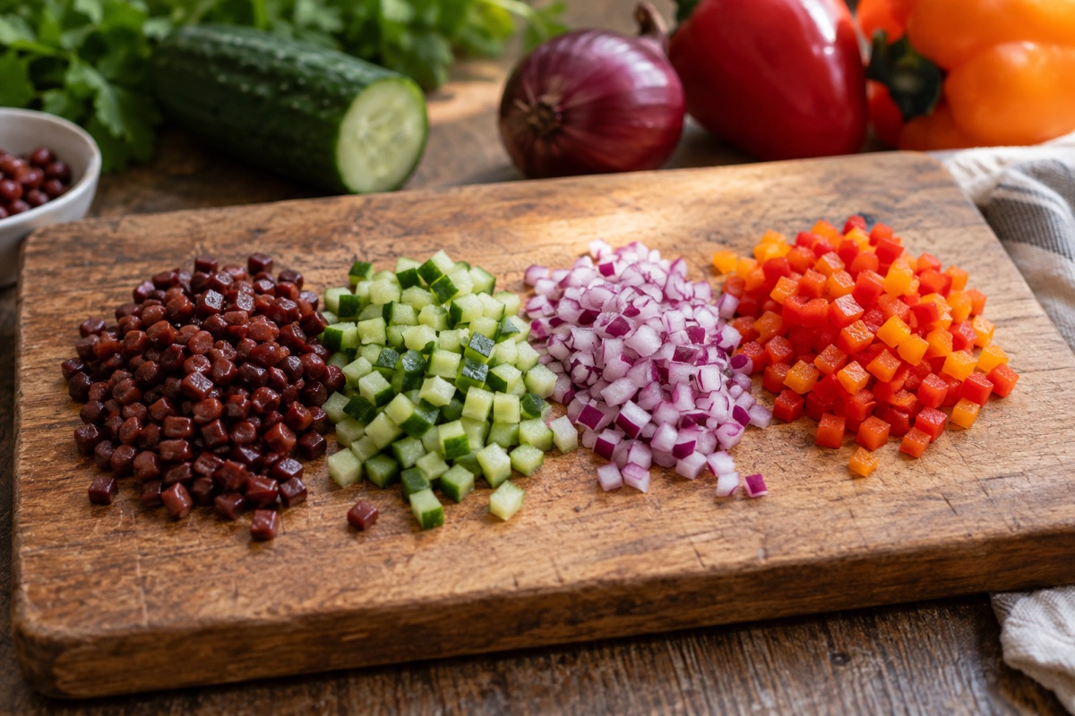 Beans and vegetables diced to the same size