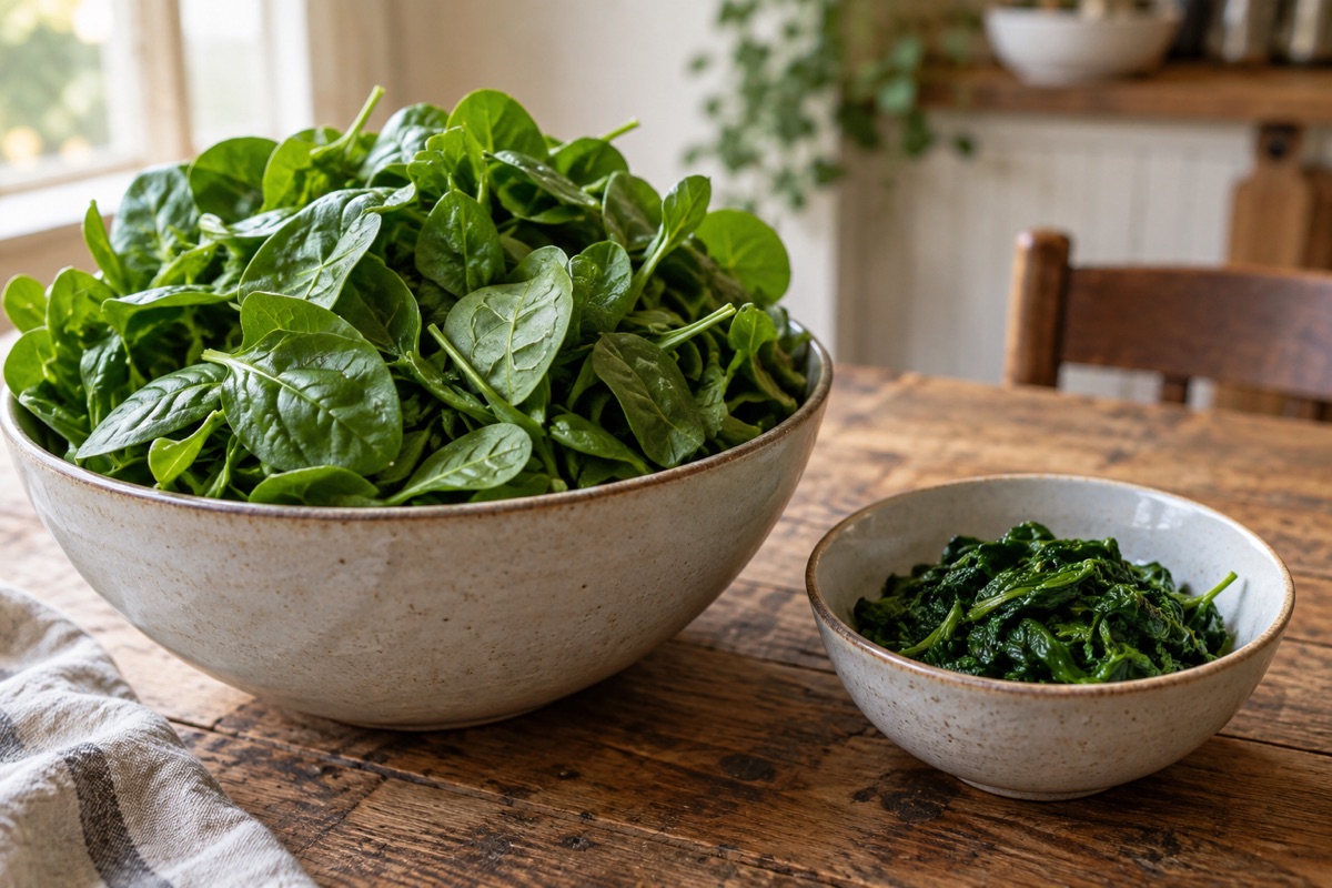 Big bowl of raw salad leaves beside a small bowl of cooked greens