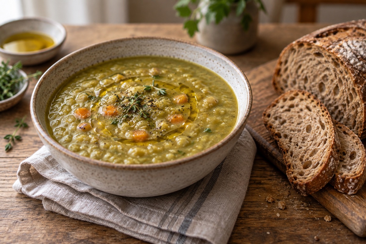 Bowl of split pea soup with whole-grain bread