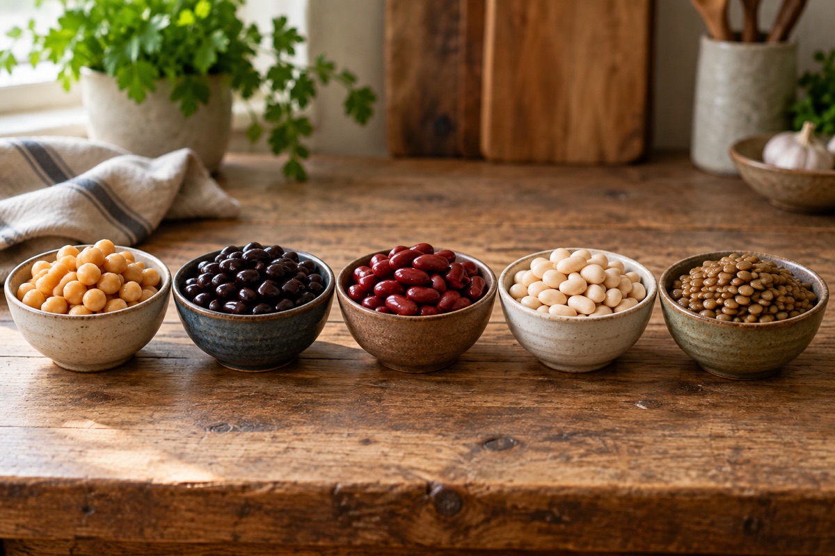 Bowls of chickpeas, black beans, kidney beans, navy beans and lentils