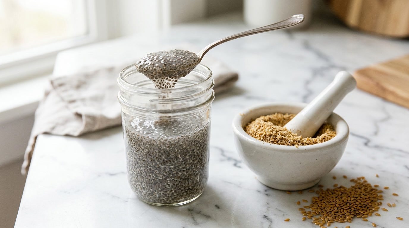 Chia seeds soaked into a gel in a glass jar beside ground flaxseed in a mortar